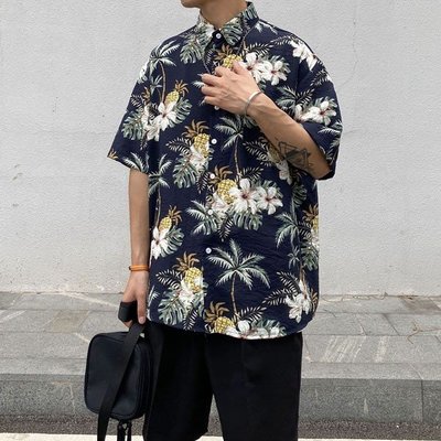 現貨熱銷-V.W SHOP 鳳梨椰樹花襯衫 寬鬆 落肩 歐美 街頭 穿搭 男女 夏威夷