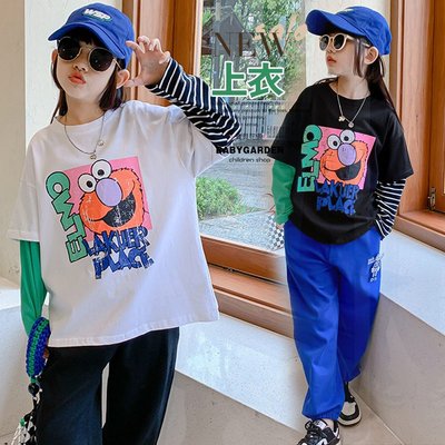 【AT0562】✿寶貝花園✿2024秋季新品 女童 中大童 卡通印花上衣 假兩件長袖T恤  親子款