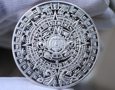 阿茲特克帝國紀念章-F款 曆法石板圖+馬雅金字塔 鍍銀版 (墨西哥 中美洲)