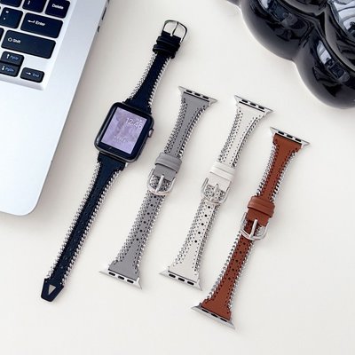 手工鏈條拼皮革錶帶 適用於 Apple Watch S8/Ultra/7/6/se2/4 蘋果智能手錶配件 女生 夏季