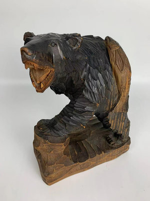 中古日本產 實木一木雕手工雕北海道熊逮魚擺件 高19.5cm