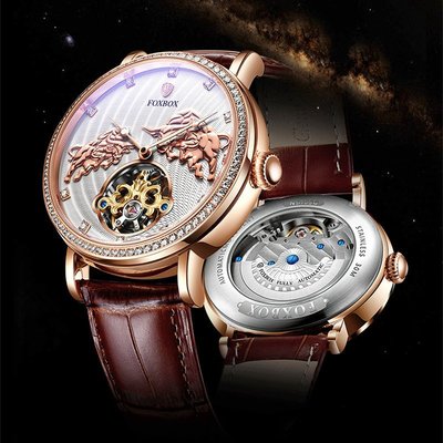 熱銷 手錶腕錶FOXBOX/利格外貿個性化男士機械手錶鑲鉆紀念手錶防水腕錶