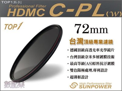 免運送拭鏡布 ＊數配樂＊台灣頂級 Sunpower TOP1 CPL 72mm 超薄框 多層鍍膜 環型 偏光鏡 濾鏡