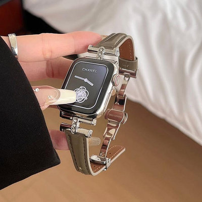 Apple Watch真皮凱旋門鑲鉆蝴蝶扣表帶se適用于蘋果手表S89高級女