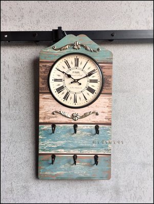 美式鄉村風 復古木製藍色雙色掛勾時鐘 工業風造型壁鐘手錶鑰匙收納掛鐘吊飾【歐舍傢居】