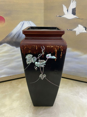 w#民俗手工藝品 日本漆器 老木胎花器 花瓶 銅內膽 鑲嵌螺鈿