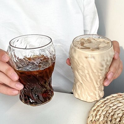 水杯家用透明玻璃杯大容量復古樹紋冰川杯高顏值磨砂日~特價