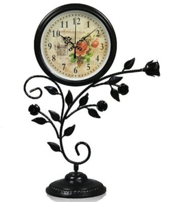 歐美進口 黑色玫瑰花造型時鐘 歐風藝術鐵藝樹葉玫瑰花座鐘 桌面時鐘簡約復古桌鐘座鐘 時鐘靜音鐘裝飾鐘擺件