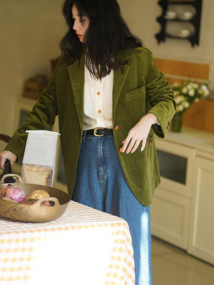 「集沐」菲比的西裝 復古綠色燈芯絨西裝女秋冬寬松小西服外套