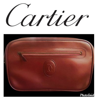 名牌真品 卡地亞 Cartier 相機包 方形手拿包(可斜背附背帶)斜挎包 勃根地酒紅 鏈條皮包  側背包 二手絕版