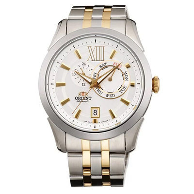【時光鐘錶公司】ORIENT 東方錶 FET0X002W DAY & DATE系列 雙眼日期星期功能機械錶 鋼帶款 金色