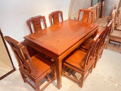 倉庫現貨出貨紅木家具中式緬甸花梨木大果紫檀餐桌長方形飯桌家用6人餐椅組合