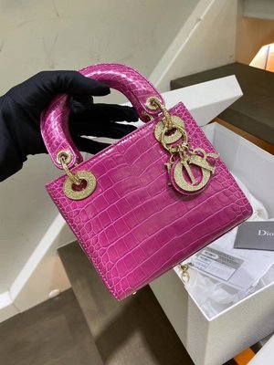【Luxury Room極盡奢華】保證專櫃真品 Lady Dior迪奧 桃紅色 桃紫色J5亮面 鱷魚皮 金鏈 鑽釦 肩背斜背手提包 黛妃包 原價100多萬 全新