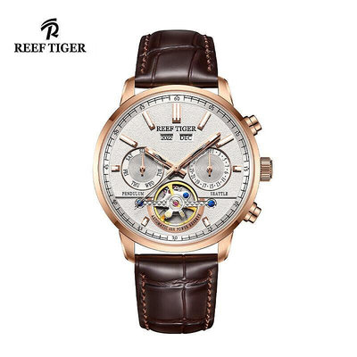Reef Tiger 瑞夫泰格手錶全自動機械鏤空男表皮帶多功能男士手錶