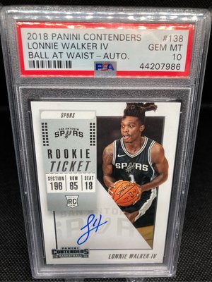 NBA 2018 Lonnie Walker IV #138 湖人（原馬刺）潛力新人RC簽名鑑定卡PSA 10滿分 卡面簽
