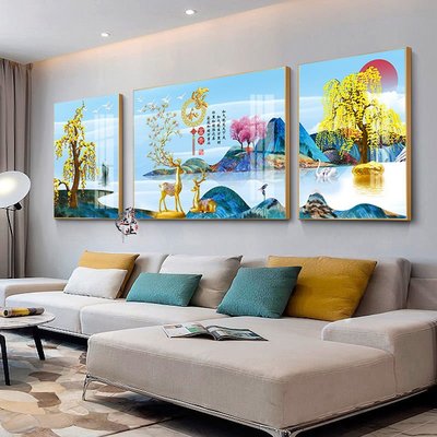客廳裝飾畫晶瓷鑲鉆三聯掛畫現代簡約北歐沙發背景墻大氣山水壁畫 自行安裝 中大號尺寸議價