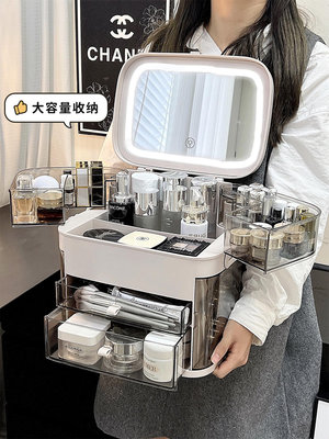 化妝鏡臺式led燈桌面帶燈補光梳妝鏡化妝品防塵收納盒一體置物架 自行安裝
