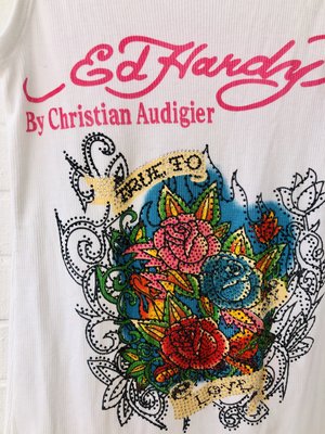 ED HARDY 愛與玫瑰水鑽白色背心