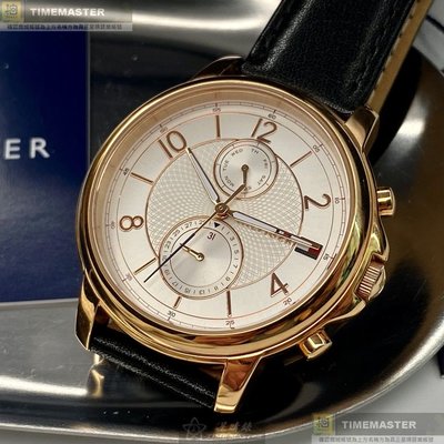 TommyHilfiger手錶,編號TH00027,38mm玫瑰金圓形精鋼錶殼,白色雙眼錶面,深黑色真皮皮革錶帶款