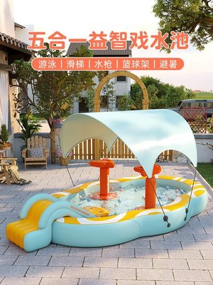 下殺-兒童大型充氣游泳池城堡戶外水上樂園家用折疊滑梯寶寶池~~
