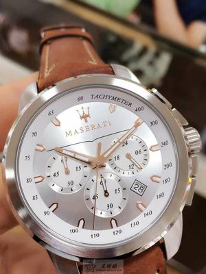 請支持正貨，瑪莎拉蒂手錶MASERATI手錶SUCCESSO款，編號:R8871621005,白色錶面褐色皮革錶帶款