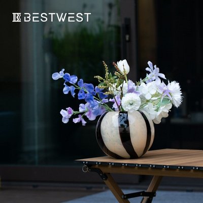 花瓶高檔黑色條紋設計感圓形玻璃花瓶 ins軟裝家居客廳擺件