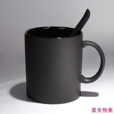 ♛馬克杯♛ 現貨 WUNI歐式創意黑色啞光大容量 馬克杯 子磨砂簡約 咖啡杯 帶勺 陶瓷 水杯