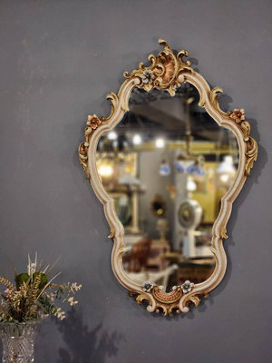 義大利 彩繪 洛可可 古典 立體雕花 掛鏡 玄關鏡 化妝鏡 歐洲老件 MI0143【卡卡頌  歐洲古董】✬