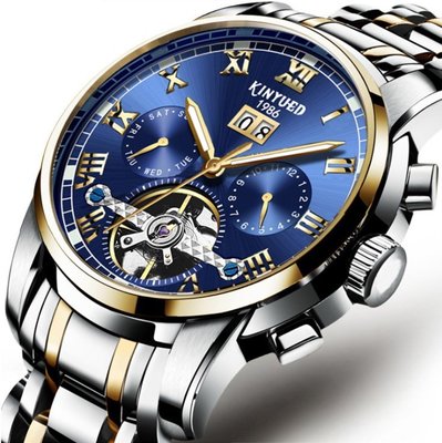 【潮裡潮氣】正品KINYUED品牌男士時尚不銹鋼藍色陀飛輪全自動機械手錶J014