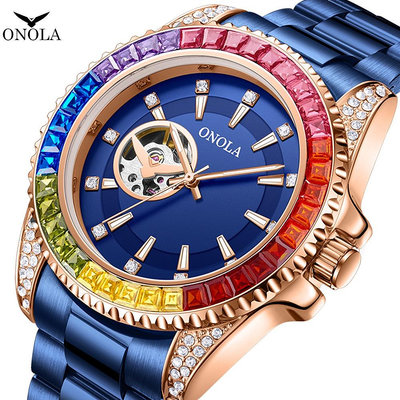 ONOLA  3839 時尚 夜光 2023年新款彩虹鑽 全自動機械手錶男 實芯 精鋼帶 防水男士手錶