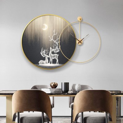 特賣-現代輕奢餐廳裝飾畫led燈帶鐘表掛畫高檔大氣麋鹿客廳高級感壁畫