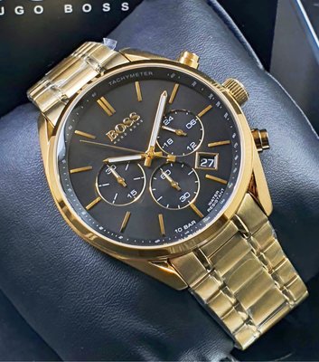 HUGO BOSS Champion 黑色面錶盤 金色不鏽鋼錶帶 石英 三眼計時 男士手錶 1513848