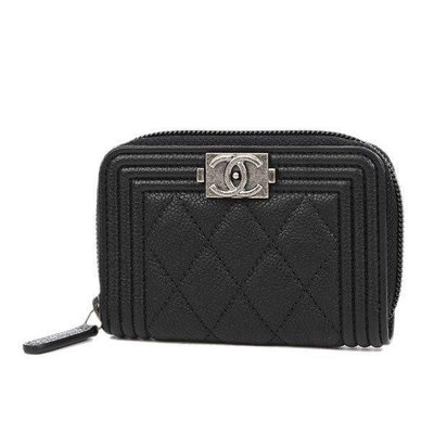 CHANEL boy coin purse 黑 荔枝紋 銀C 拉鍊 零錢包 A80602