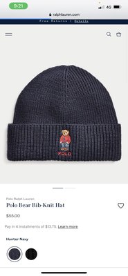 Ralph Lauren by Polo  Polo熊刺繡圖案 毛帽 毛線帽 針織帽 深藍色 全新正品 美國購回 現貨在台