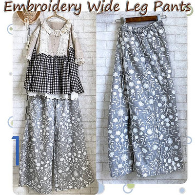 Embroidery Wide Leg Pants 優雅職人高密度花卉刺繡棉麻直筒寬褲-灰麻色 Size F
