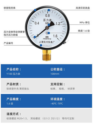 上海儀川儀表廠壓力表y100氣壓真空水壓負壓液壓油壓不銹鋼空壓機-瑞芬好物家居