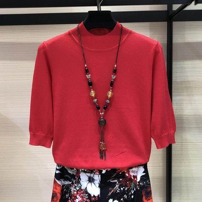 【熱賣精選】品哥弟新女裝官網2021春夏季新款潮半高領紅色短袖T恤冰絲針織衫