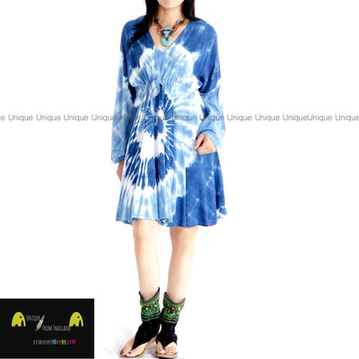 Unic＠泰國進口洋裝TD392『只有一件＿藍染100%純棉V領＿長袖洋裝＿高腰拉繩傘擺洋裝』異國風 超顯瘦