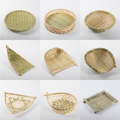 竹編製品 竹篩子收納筐水果籃子點心托盤農家用編織圓簸箕 本色三角形