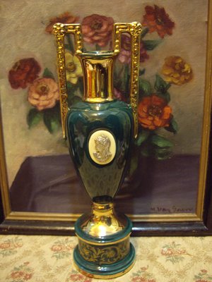 歐洲古物時尚雜貨  義大利 綠色金彩雙耳花瓶 銀色浮雕仕女像 圓底座描金花器
