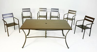 【加百列庭園休閒傢俱】160CM鋁合金長方桌+鋁合金一桌六椅組~7-11塑合木桌椅~戶外休閒桌椅~庭園景觀餐廳咖啡品茗