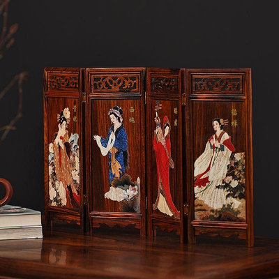 精品古玩古董收藏 老紅木雕刻四大美女屏風 四條屏 雙面雕刻