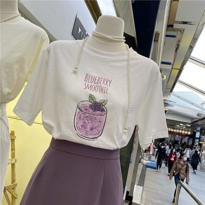 『A-bao』100%純棉!藍莓冰沙印花短袖T恤女 韓版寬鬆圓領上衣 加大尺碼OVERSIZE衣服女