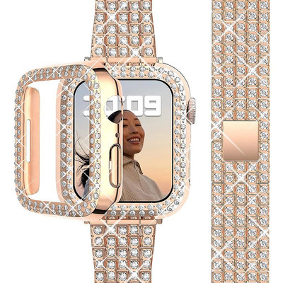 鑲鑽女生錶帶適用於apple watch錶帶殼套裝蘋果iWatch8/7/ultra不鏽鋼41/45/49mm