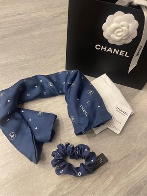 全新真品 Chanel 藍色絲巾 髮圈 組