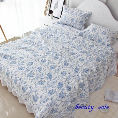 復古青花  全棉拼布被   絎縫被   床組  床罩   雙人3件組   加大版
