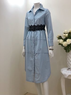 義大利 Fiorenza 灰藍 腰部蕾絲設計 襯衫式洋裝