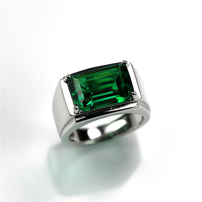 戒指純銀祖母綠戒指男戒指正韓潮彩色寶石綠長方形厚實開口飾品品