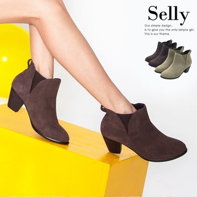 牛麂皮拼接鬆緊帶造型粗跟踝靴-二色-Selly-沙粒-(ZS129)-深咖啡