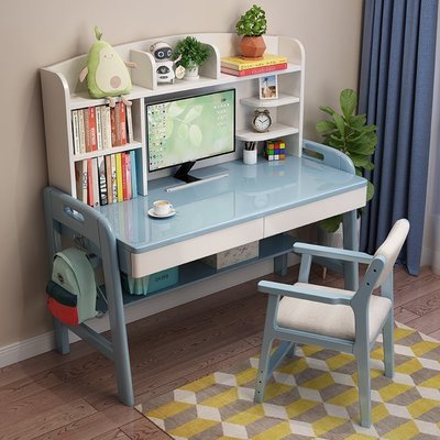 實木學習桌書柜兒童書桌書架一體桌可升降學生寫字桌椅